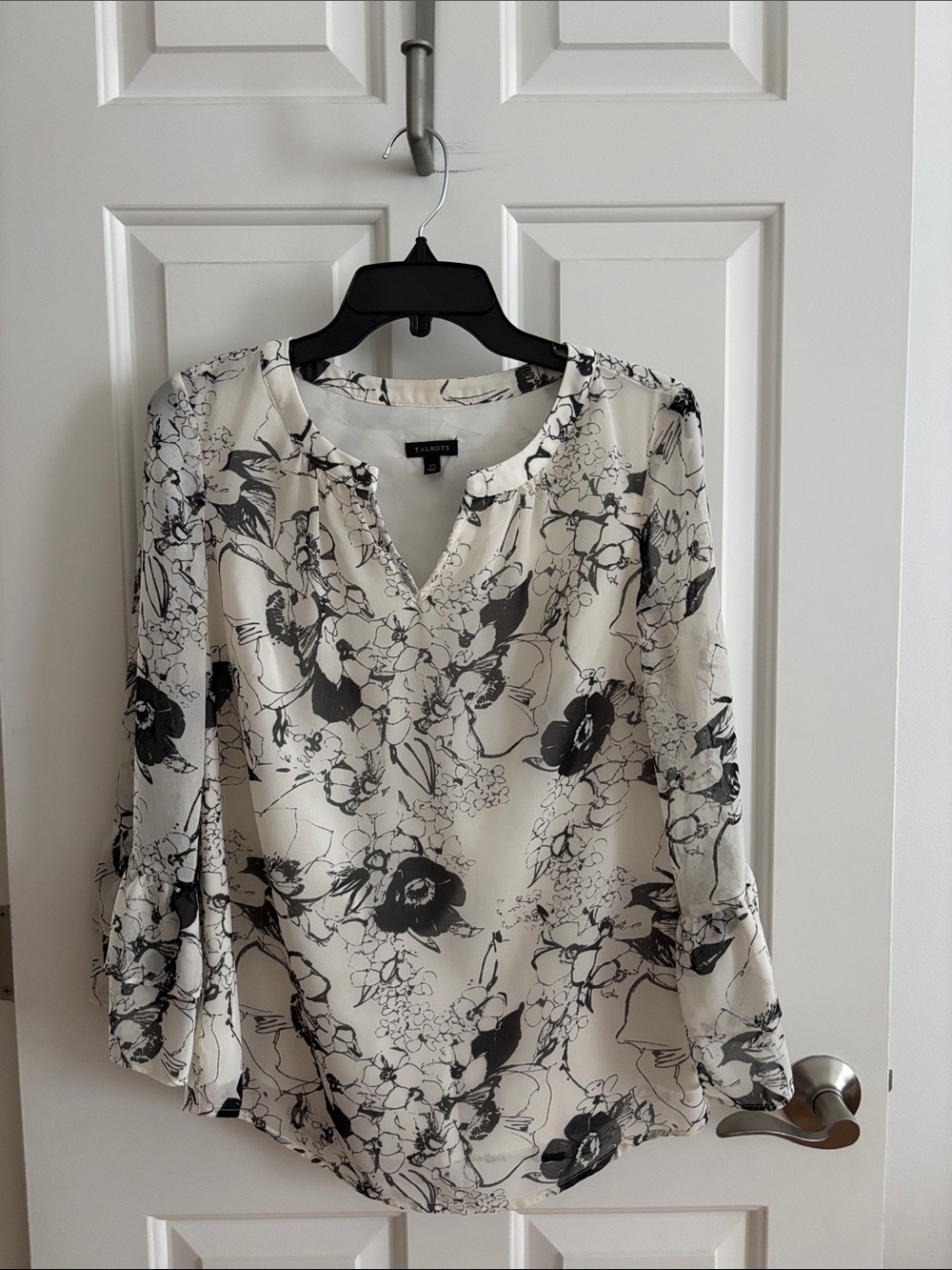 Talbots Cream Blouse with Black Floral Print